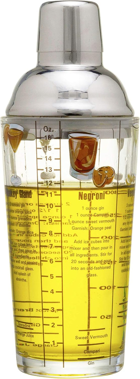 14 oz Recipe Glass Cocktail Shaker With Strainer Top - Includes 6 Cocktail Drink Recipes (Gin Theme)