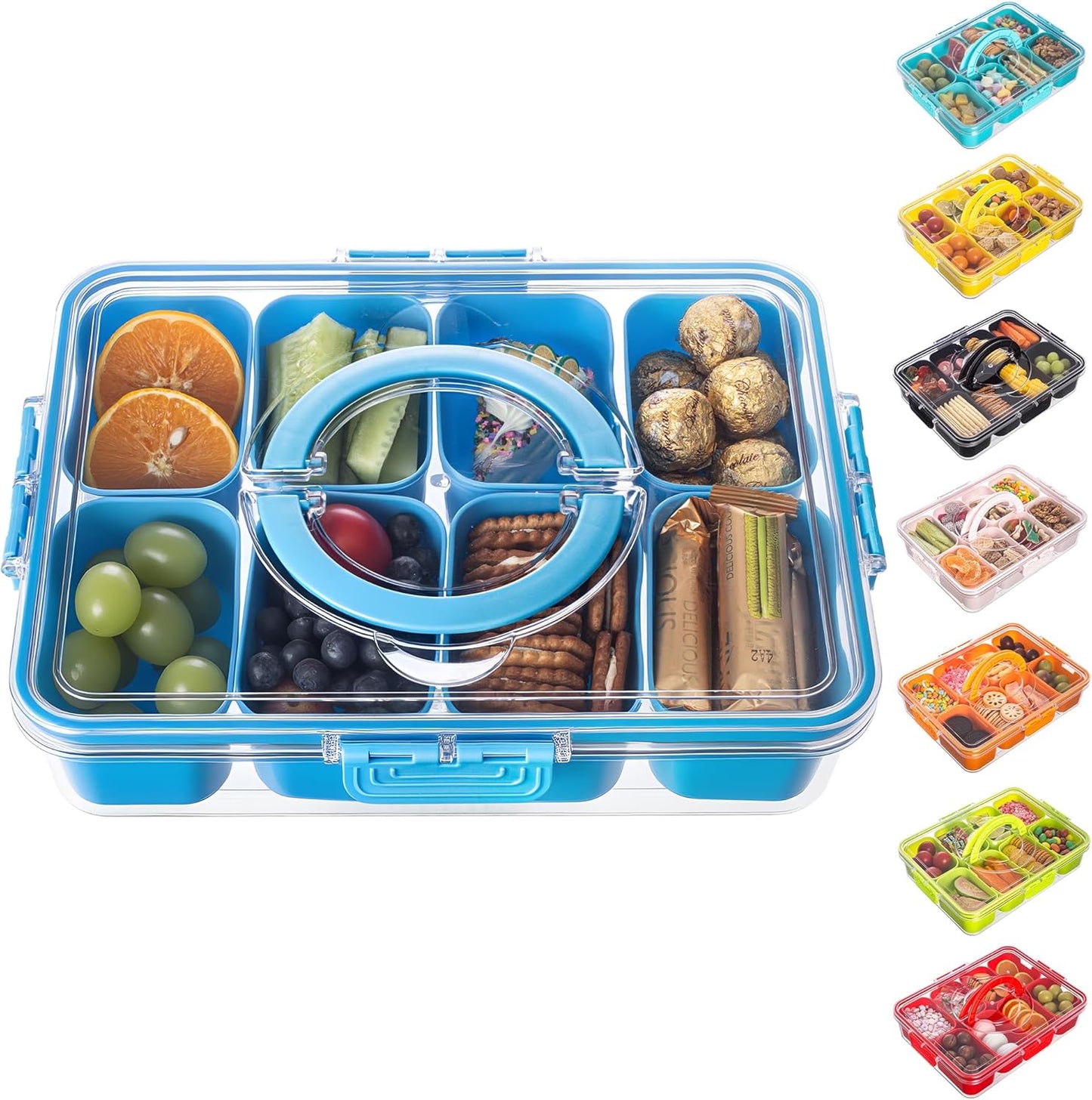 Divided Serving Tray with Lid and Handle - Snackle Box Charcuterie Container for Portable Snack Platters Organizer for Candy, Fruits, Nuts, Snacks - Perfect for Party, Entertaining, Cerulean