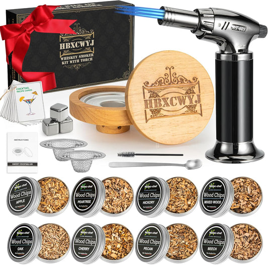 Whiskey Smoker Kit for Cocktails - Premium Oak Smoke Top with Torch (No Butane), 8 Flavors Wood Chips, 3 Ice Marbles & Cocktail Cards - Ideal Gift for Men, Dad, Husband, Whiskey Lovers Home Bar