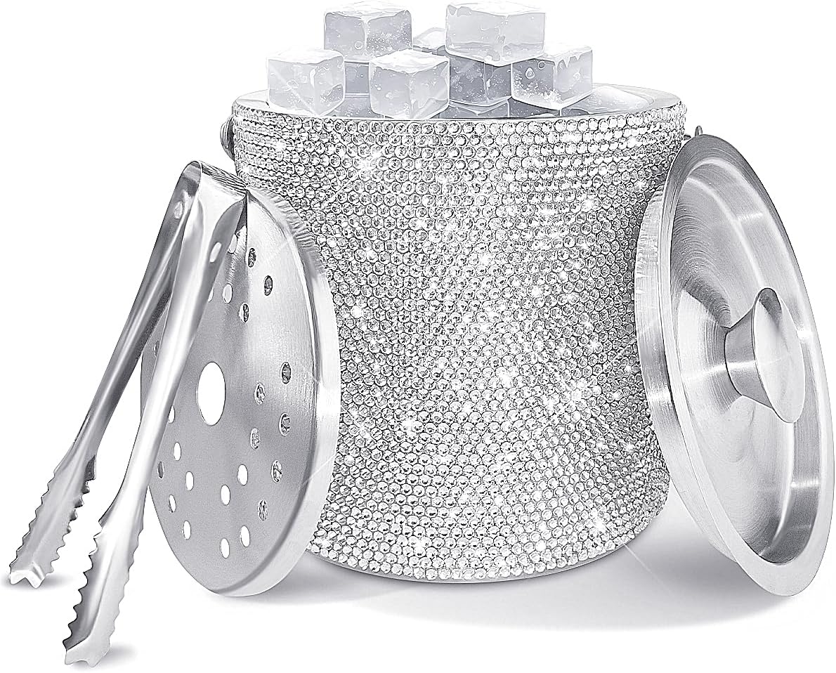 Bling Double Walled Stainless Steel Ice Bucket with Ice Tong & Lid [2 Liter] ，Shiny Insulated Ice Bucket Included Strainer Keeps Ice Cold & Dry, for Home Bar, Chilling Beer, Champagne, Red Wine