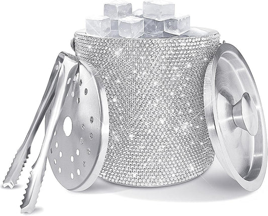 Bling Double Walled Stainless Steel Ice Bucket with Ice Tong & Lid [2 Liter] ，Shiny Insulated Ice Bucket Included Strainer Keeps Ice Cold & Dry, for Home Bar, Chilling Beer, Champagne, Red Wine