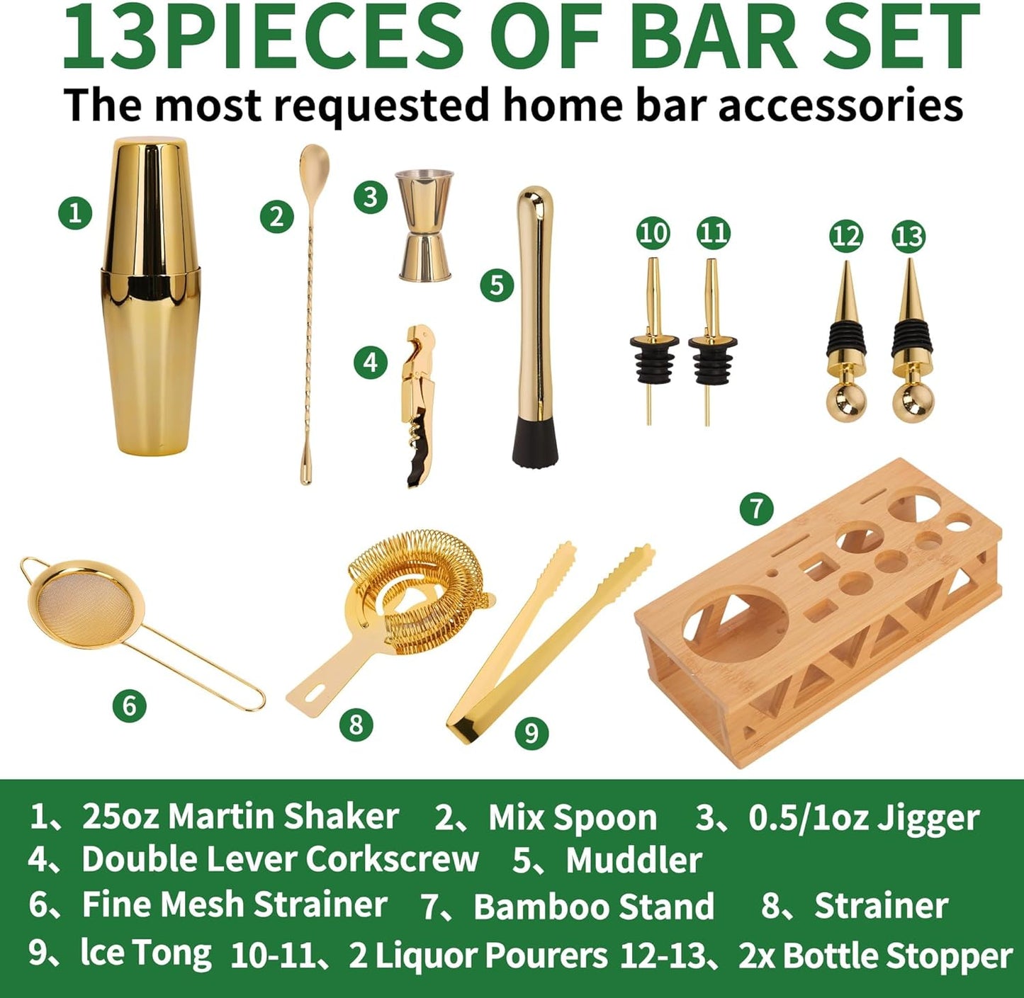 Cocktail Shaker Set, Boston Shaker Bartender Kit with Bamboo Stand,13 Piece Bar Set Stainless Steel Bar Accessories for Drink Mixing, Bar, Home, Party (Gold)