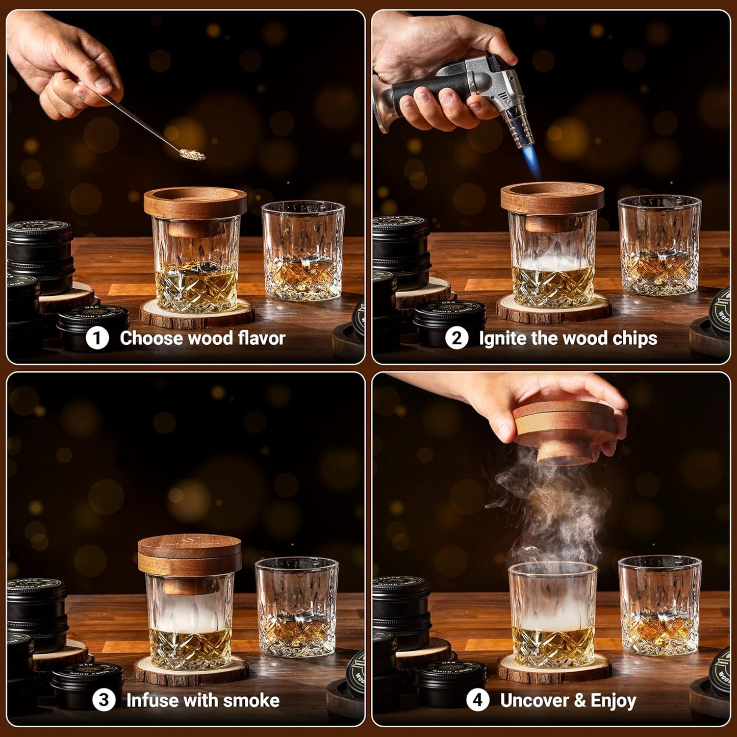 Whiskey Smoker Kit with 8 Wood Chip Flavors - Premium Bourbon Smoker Kit Set with Glasses, Stainless Steel Ice Cubes, Refillable Torch Lighter & Custom Wood Box - Birthday Gifts for Men