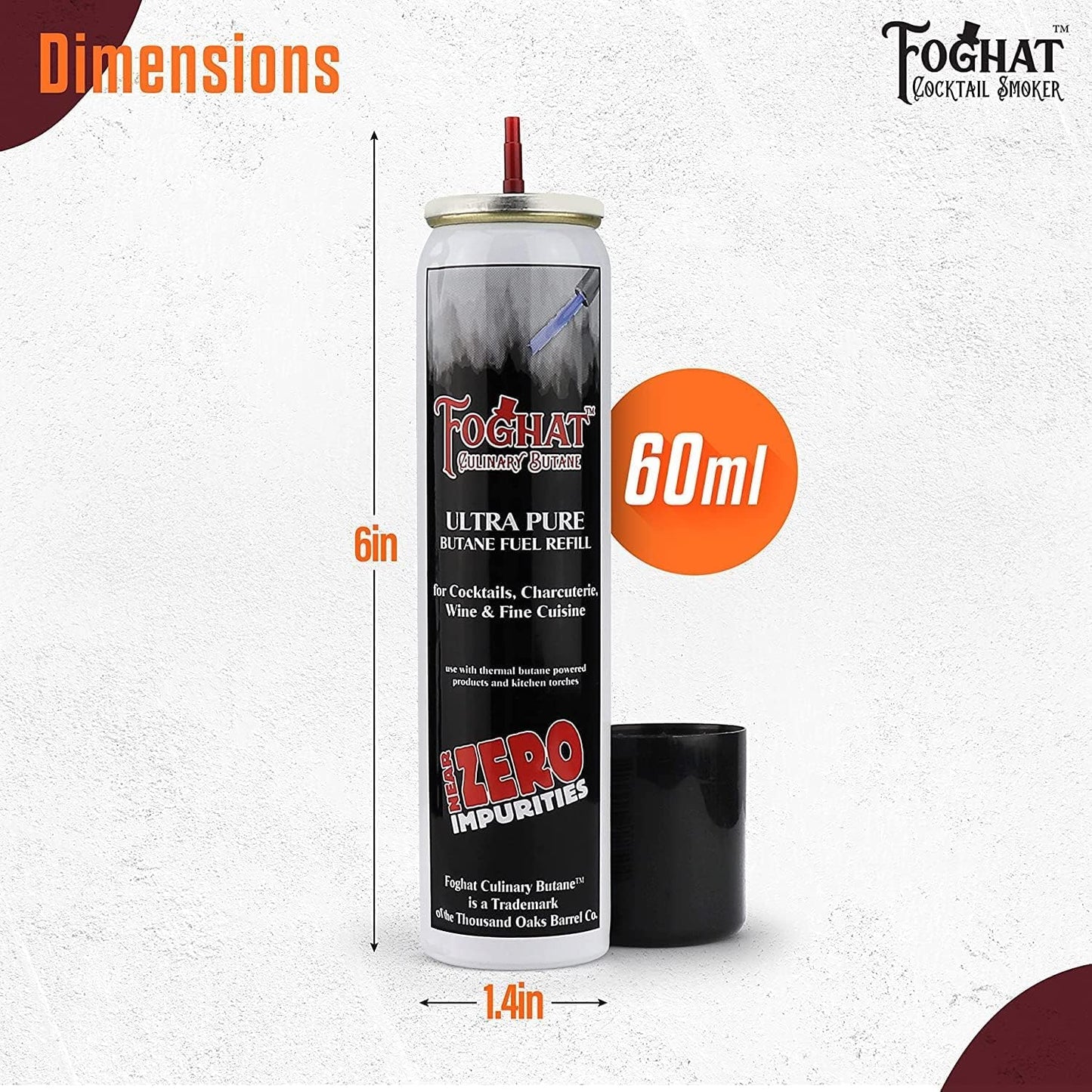 Foghat Culinary Butane Fuel Refill (60ml) Torch Lighter Butane Refill Canister - Fits All Kitchen Smoking Torches - Food Grade, Ultra Refined For Cocktail Smoker Kit, Creme Brulee Torch