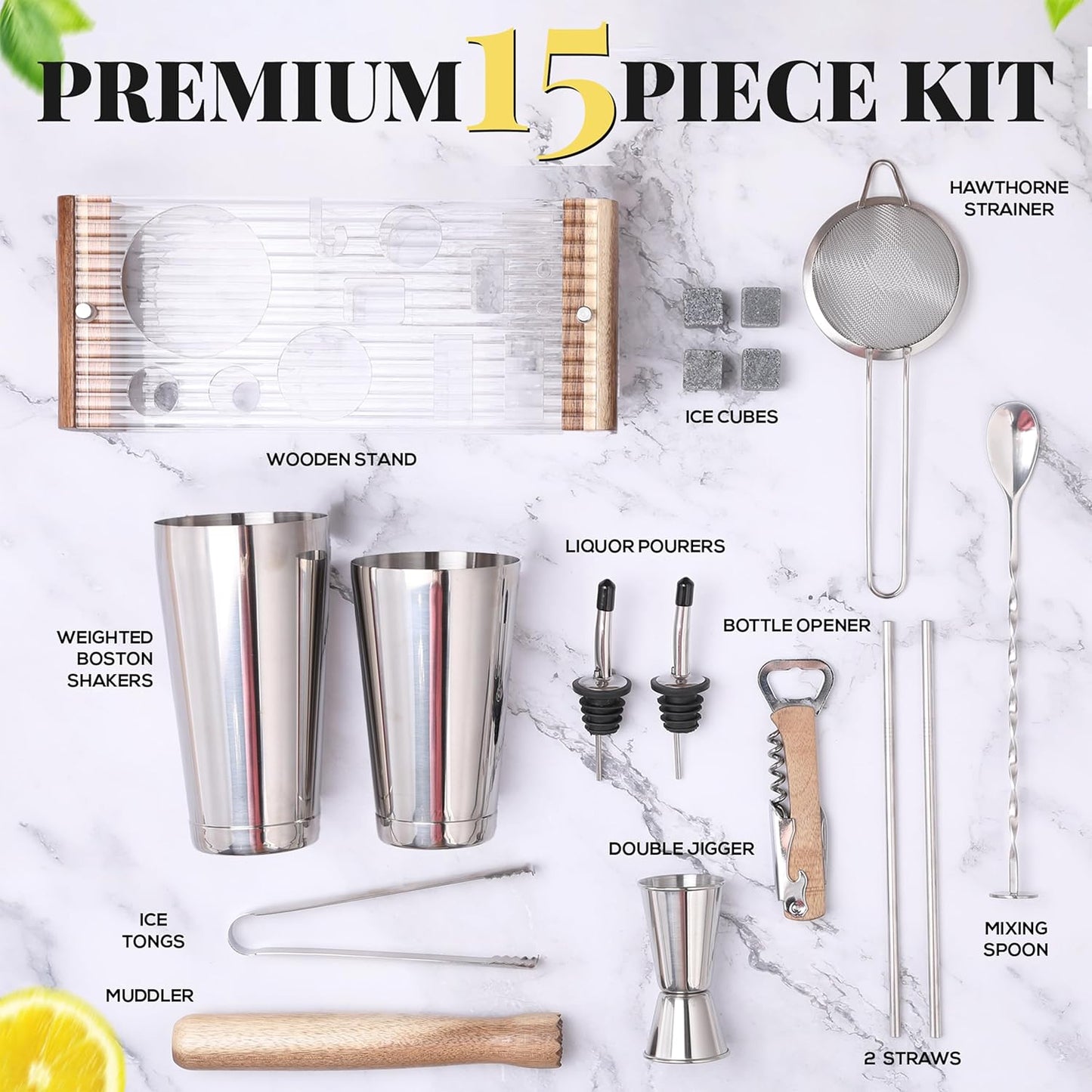 Mixology Bartender Kit with Stand - 15 Piece Bar Tool Set, Silver Bar Set Cocktail Shaker Set for Drink Mixing - Includes Martini Shaker, Jigger, Strainer, Bar Mixer Spoon, Tongs, Opener | Gift Idea