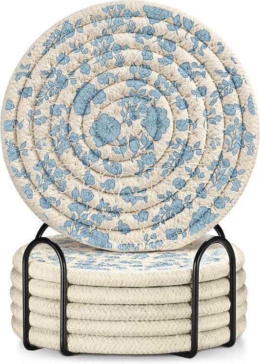 Drink Coasters Set of 6 - Cup Absorbent Coasters for Drinks Coffee Table Home Office Desk Decor Soft Woven Cotton Cloth Braided Fabric Drinking Cup Mat with Holder Cute Blue Flower Floral