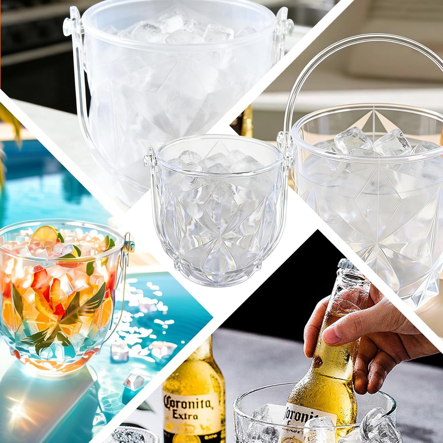 Crystal Ice Bucket with Handle & Tongs-1.1 L Plastic Clear Champagne Ice Buckets for Parties, Beer, Wine, Drinks, Cocktails,-Soda, Mimosa Bar Supplies (Style-D, 37 oz (1.1 L))