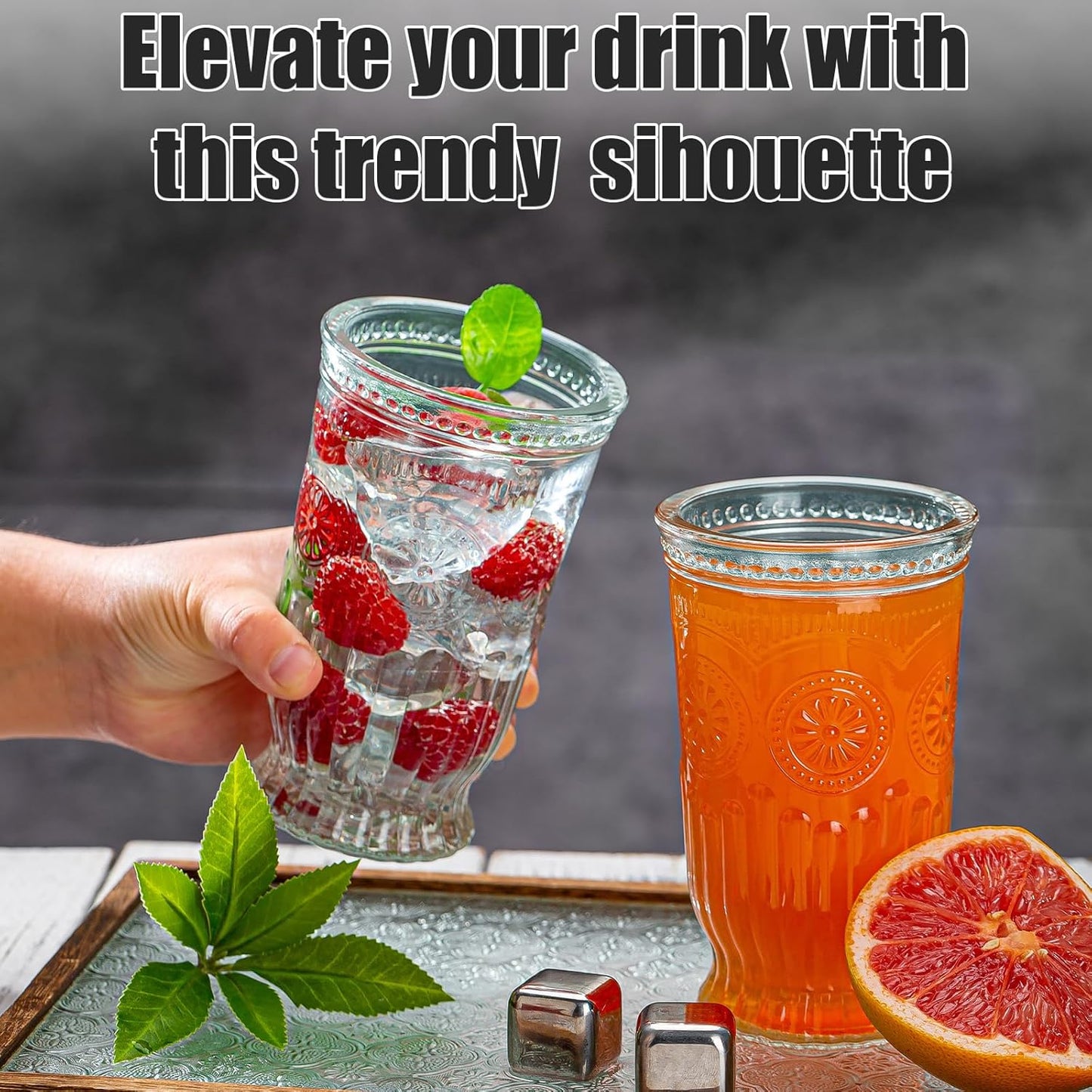 Vintage Drinking Glasses, 12 pcs Embossed Designed Highball Glasses, 16oz Glass Cups, Tall Water Glass Tumbler, Mojito Cup, Cocktail Glass, Vintage Glassware Set for Juice, Cocktail, Whiskey