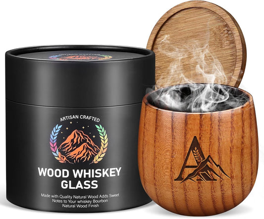 Charred Wooden Whiskey Glasses Personalized Bourbon Drinking Glass Ideas Gifts for Men Husband, Dad, Brother, Whiskey Lovers Birthday Insulated Old Fashioned Glass Whiskey Tumbler A