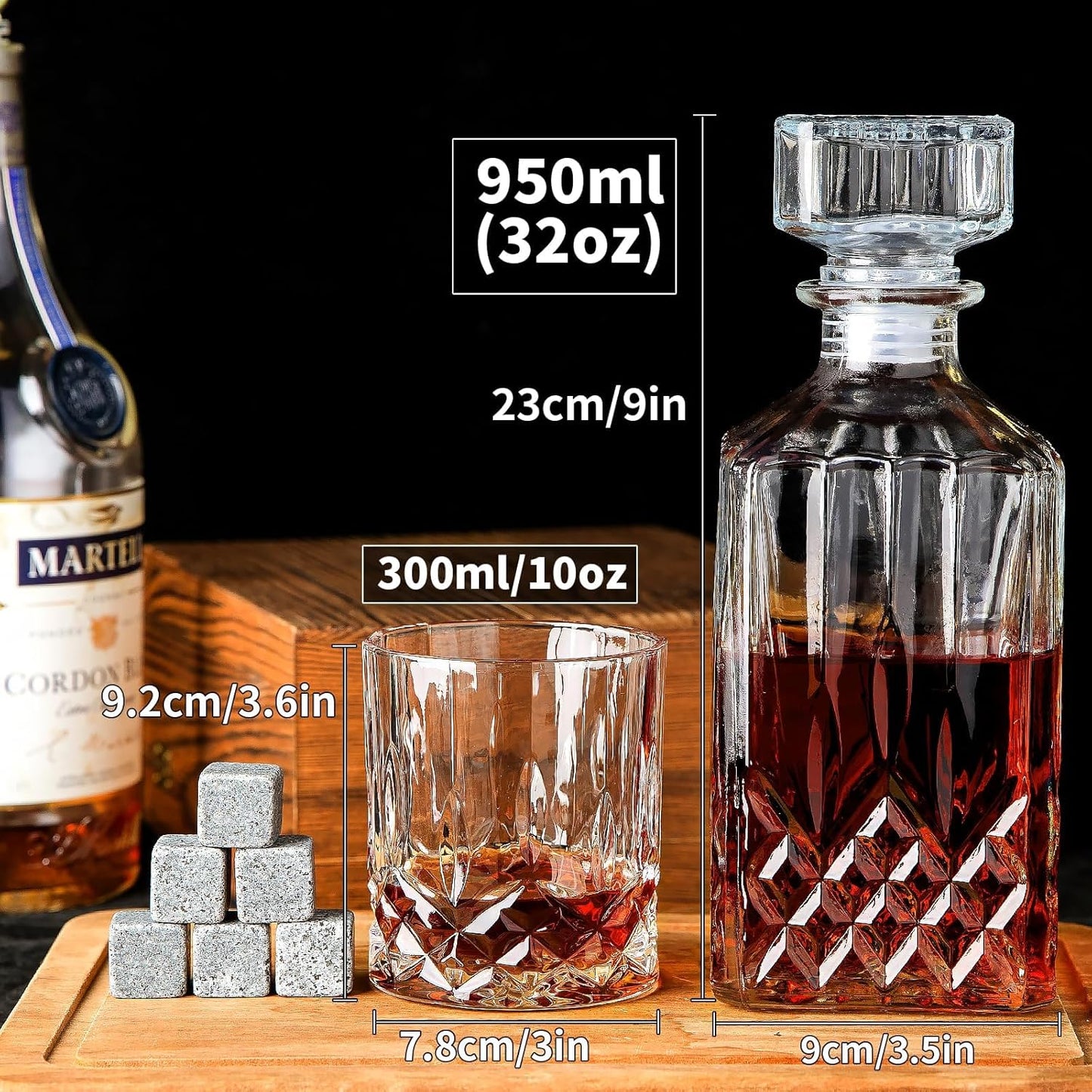 Whiskey Decanter Set for Men, 2pcs Whiskey Glass Cups and 1pcs Glass Decanter with Cooling Stones Clear Whisky Liquor Bottle for Whiskey Bourbon Rum Men Fathers'Gift