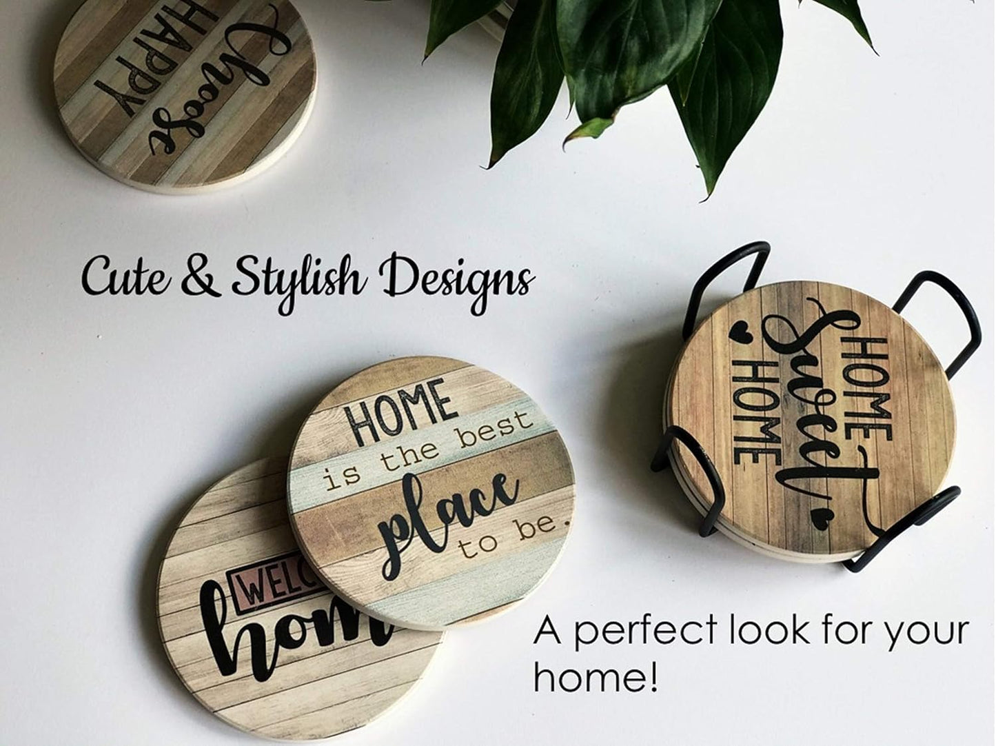 PANCHH Rustic Farmhouse Stone & Cork Coasters for Drinks, Absorbent - Set of 6 Coasters with Holder - Best Housewarming Gifts for New Home Ideas - Cute Kitchen and Coffee Table Décor & Accessories