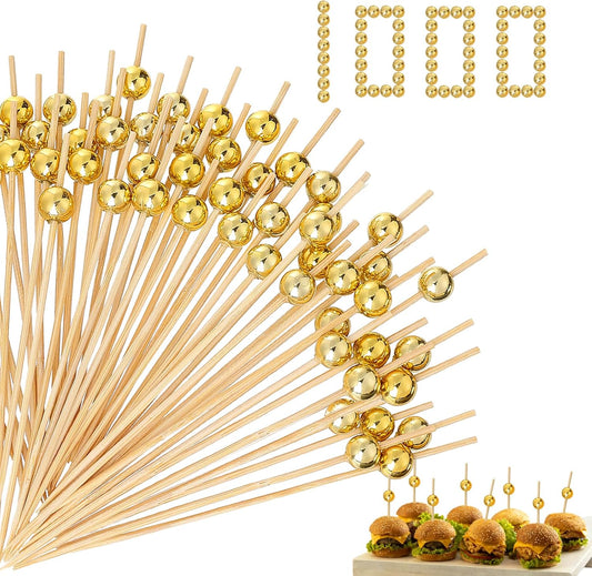 1000 Pcs Cocktail Picks Bamboo Party Toothpicks Decorative Fancy Toothpicks 4.7’’ Long Wooden Appetizer Skewers Gold Ball Food Sticks for Drinks, Fruit, Charcuterie, Wedding Food Party