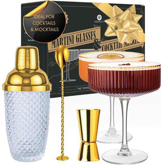VEMACITY - Luxury Espresso Martini Gifts | Gold Cocktail Shaker Set + 2 Espresso Martini Glasses - Cocktail Kit with Built-in Strainer & Ribbed Martini Glasses (10oz) | Drink Shakers Cocktail - Gold Rim Coupe Glasses