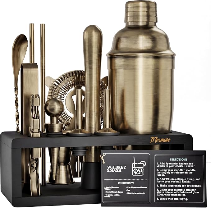 Mixology Bartender Kit with Stand - 15 Piece Bar Tool Set, Silver Bar Set Cocktail Shaker Set for Drink Mixing - Includes Martini Shaker, Jigger, Strainer, Bar Mixer Spoon, Tongs, Opener | Gift Idea - B0FP424WXD