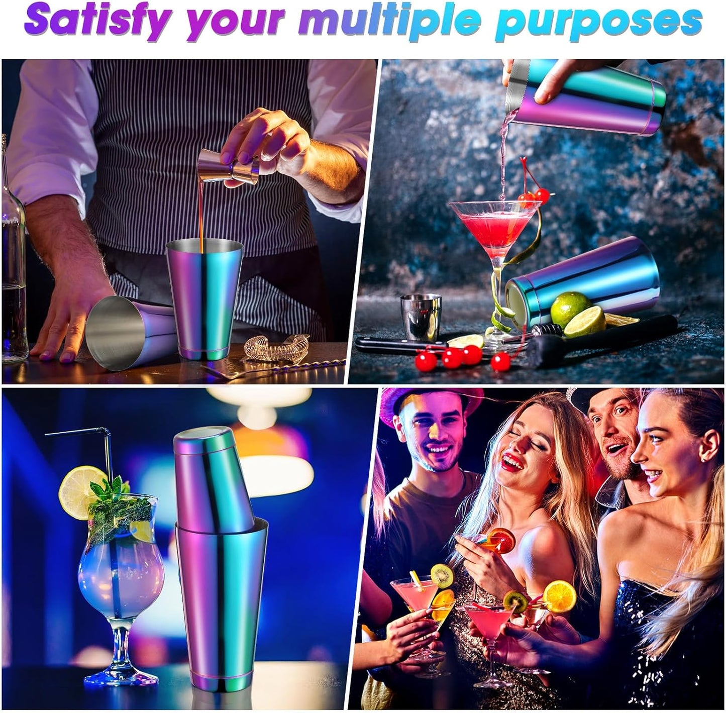 Sabary 6 Pcs Cocktail Shakers Professional Bar Shaker Boston Set Stainless Steel Martini Drink Mixer Basic Tool Weighted Shake Metal Can Cocktail Shaker Set, 18 Oz, 28 oz (Colorful)