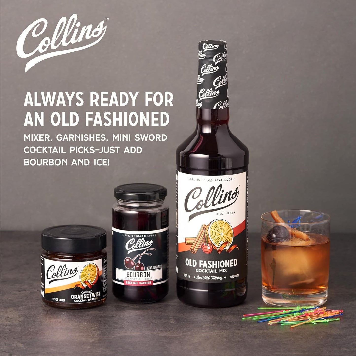 Collins Old Fashioned Kit, Cocktail Gift Set with Old Fashioned Mix, Bourbon Cherries, Candied Orange Garnish & Picks, Mixology Gift Set of 4 for Party Drinks, Holiday Celebrations and Christmas Gifts
