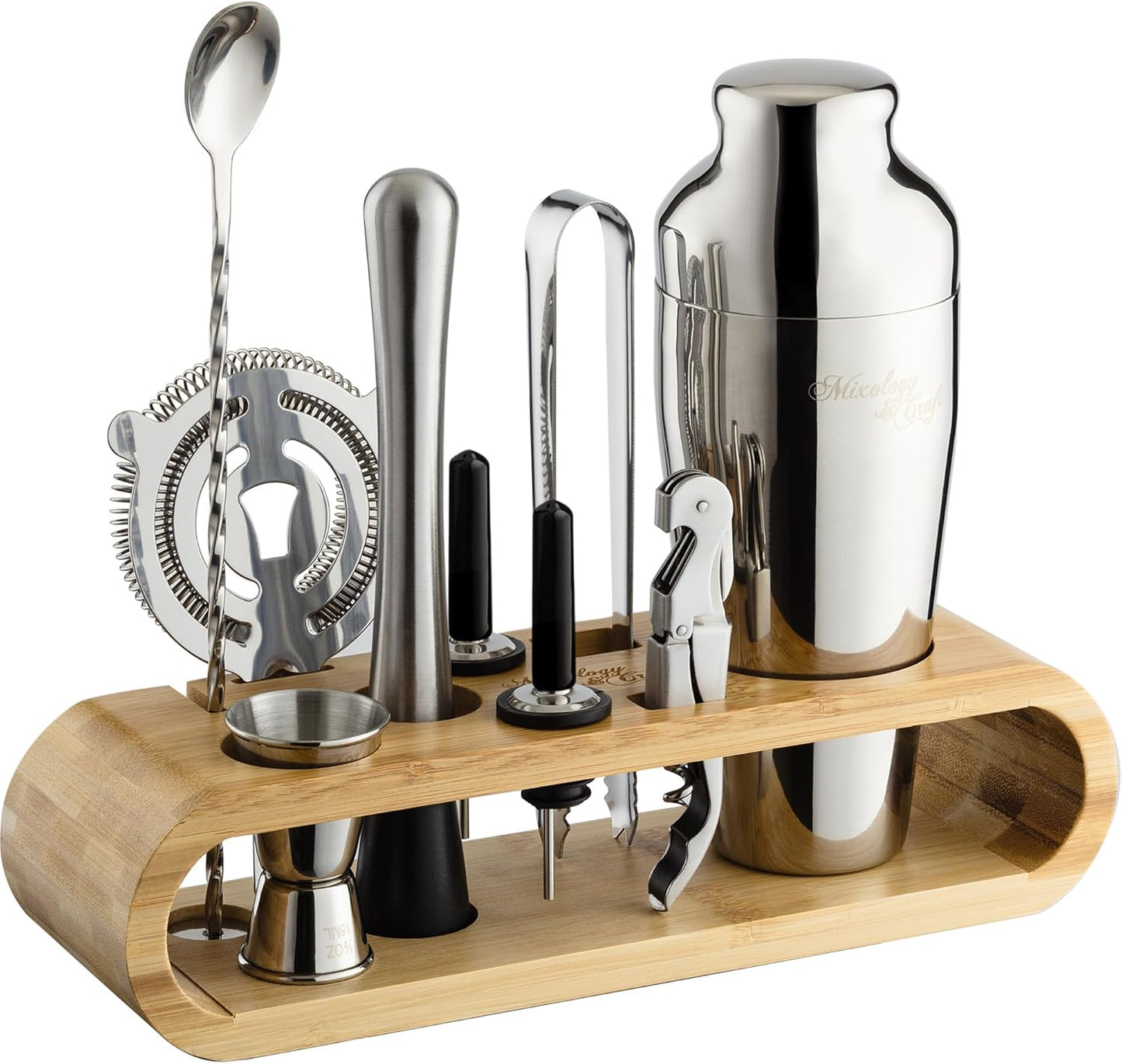 Mixology & Craft Cocktail Shaker Set with Bamboo Stand - Professional 18oz 10-Piece Bartender Kit, Complete Bar Set for Home Use with Jigger, Muddler, Strainer, Spoon, Pourers & Corkscrew (Silver)