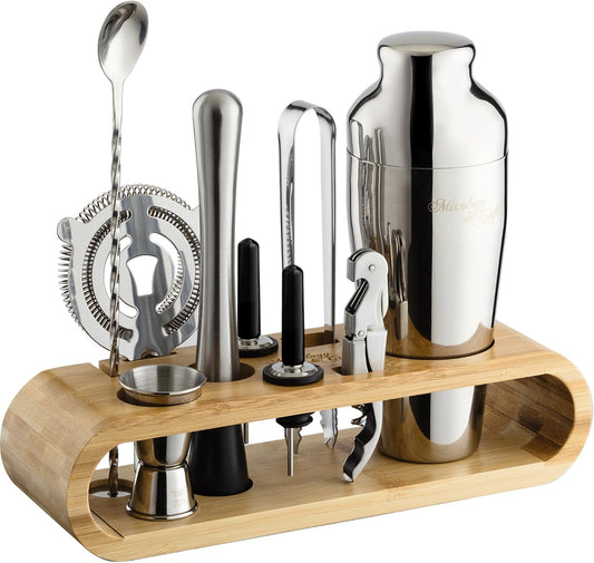 Mixology & Craft Cocktail Shaker Set with Bamboo Stand - Professional 18oz 10-Piece Bartender Kit, Complete Bar Set for Home Use with Jigger, Muddler, Strainer, Spoon, Pourers & Corkscrew (Silver)