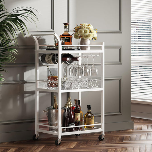 TUTOTAK Bar Cart with 3 Mirrored Shelves, Wine Rack & Glass Holder - White