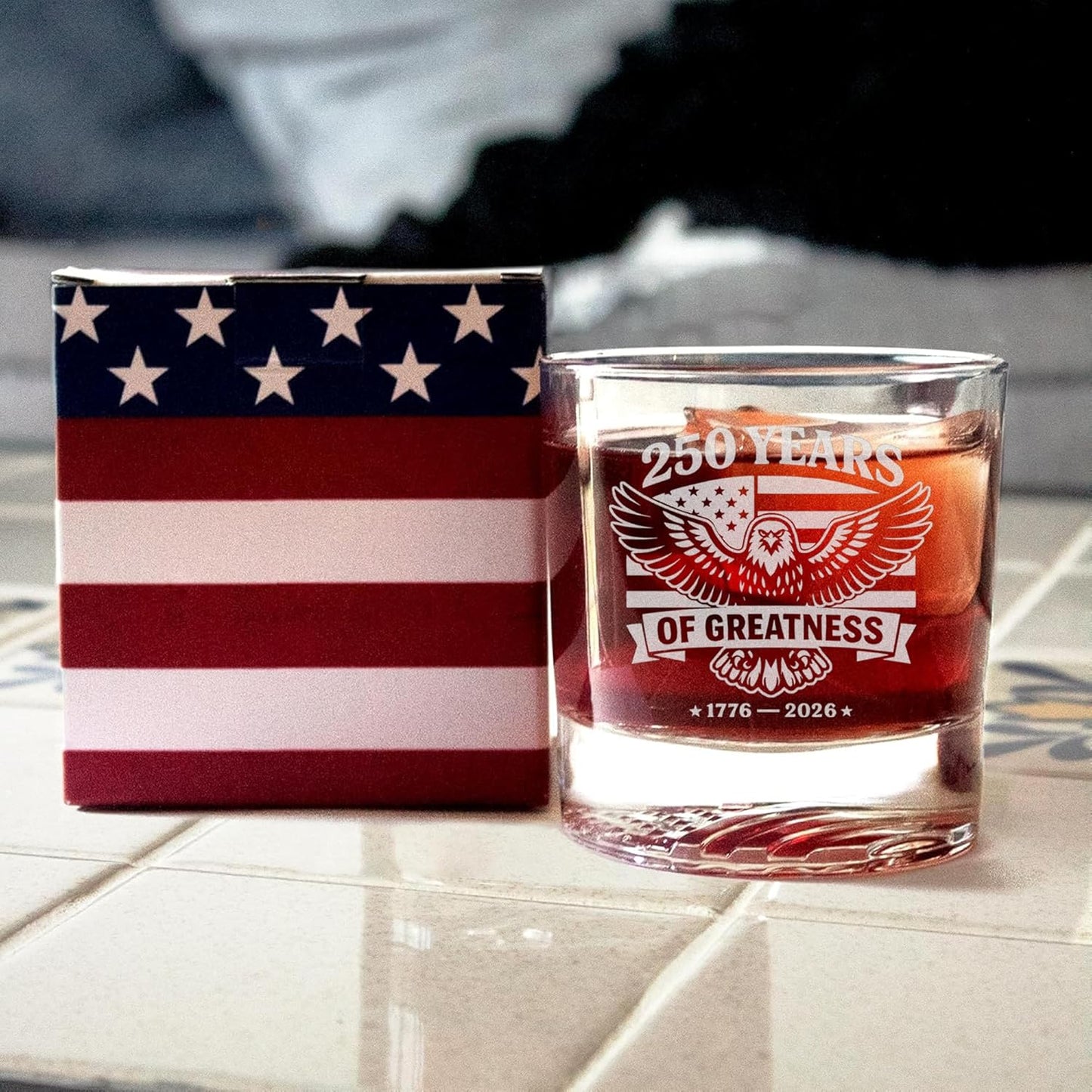 United States 250th Anniversary Whiskey Glass with American Eagle - Laser Engraved Bourbon Glass, Patriotic Gift, Whiskey for Dad, Men, Veteran - America 250 Merchandise, USA Flag Icon