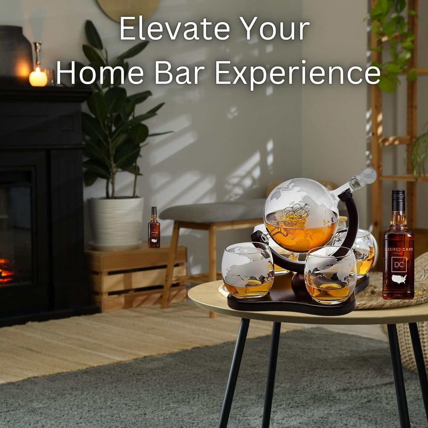 Whiskey Decanter Globe Set with 4 Etched Globe Whisky Glasses Gifts For Men Dad, Husband, Mancave - for Liquor, Bourbon, Scotch, Vodka - 850ml