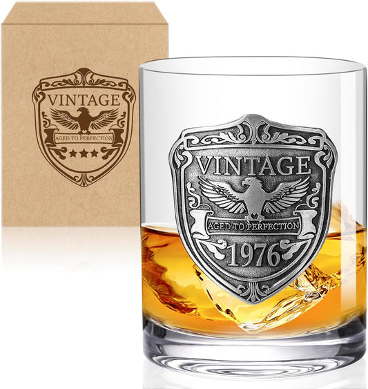 JOVGANK 50th Birthday Gifts for Men, Vintage 1976 Whiskey Glass Set for Whiskey Lovers, Anniversary Old Fashioned Rocks Glass Tumbler 13Oz- Bday Gifts Ideas for Him, Dad, Husband, Father's Day Gift