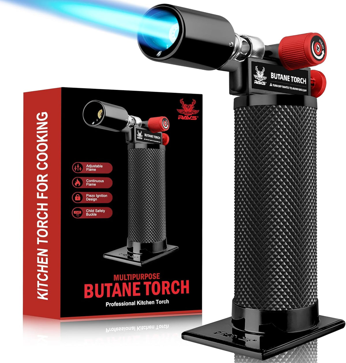 RAVS Butane Torch Lighter, Premium Metal Kitchen Torch, Black - Black/Red