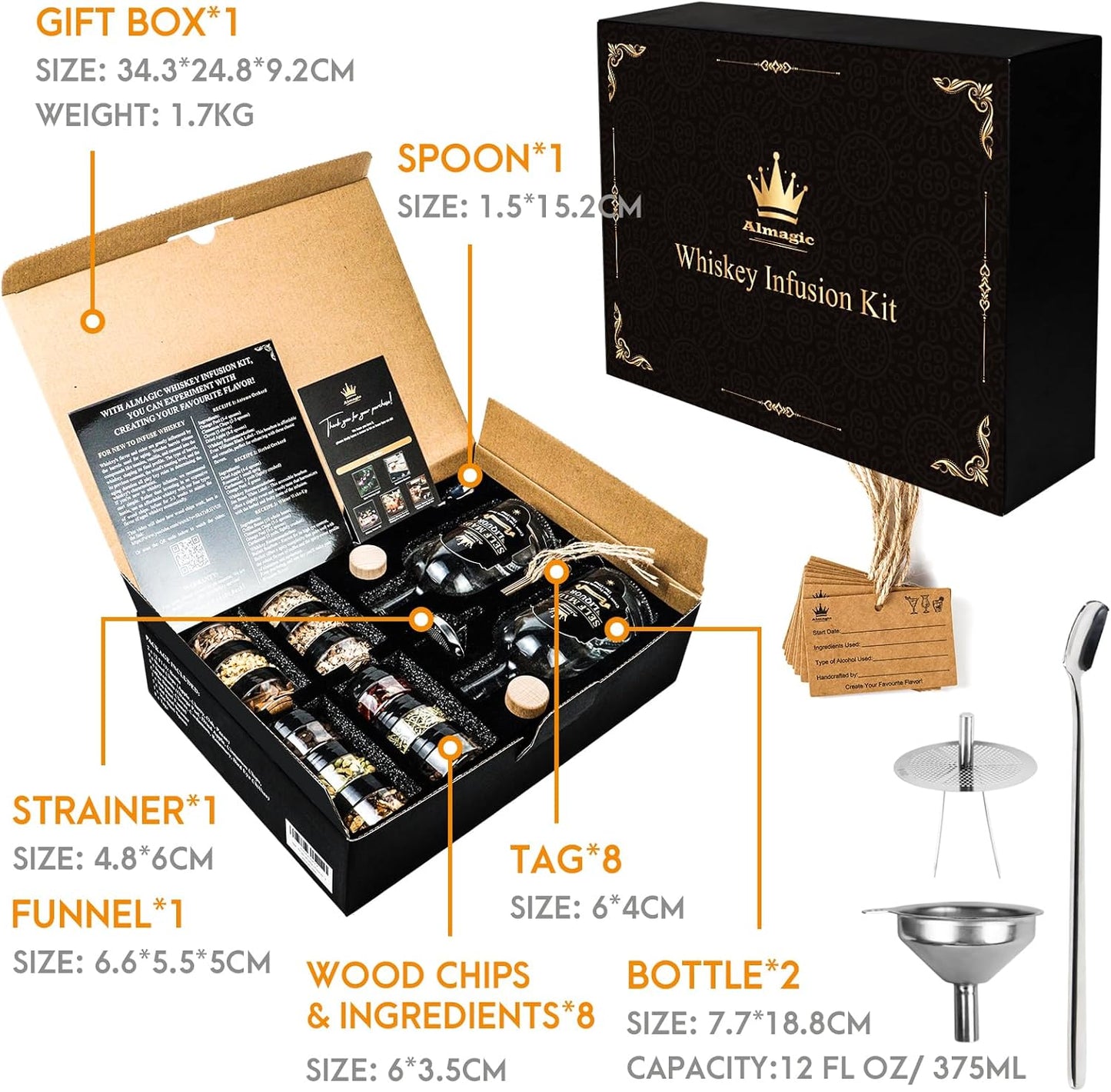 Whiskey Infusion Kit Gift for Men | DIY Whiskey Set to Create Own Flavor | Includes 4 Wood Chips, 8 Ingredients, Complete Tools, and Infusion Recipes, Unique Gifts for Him (Alcohol Not Included)