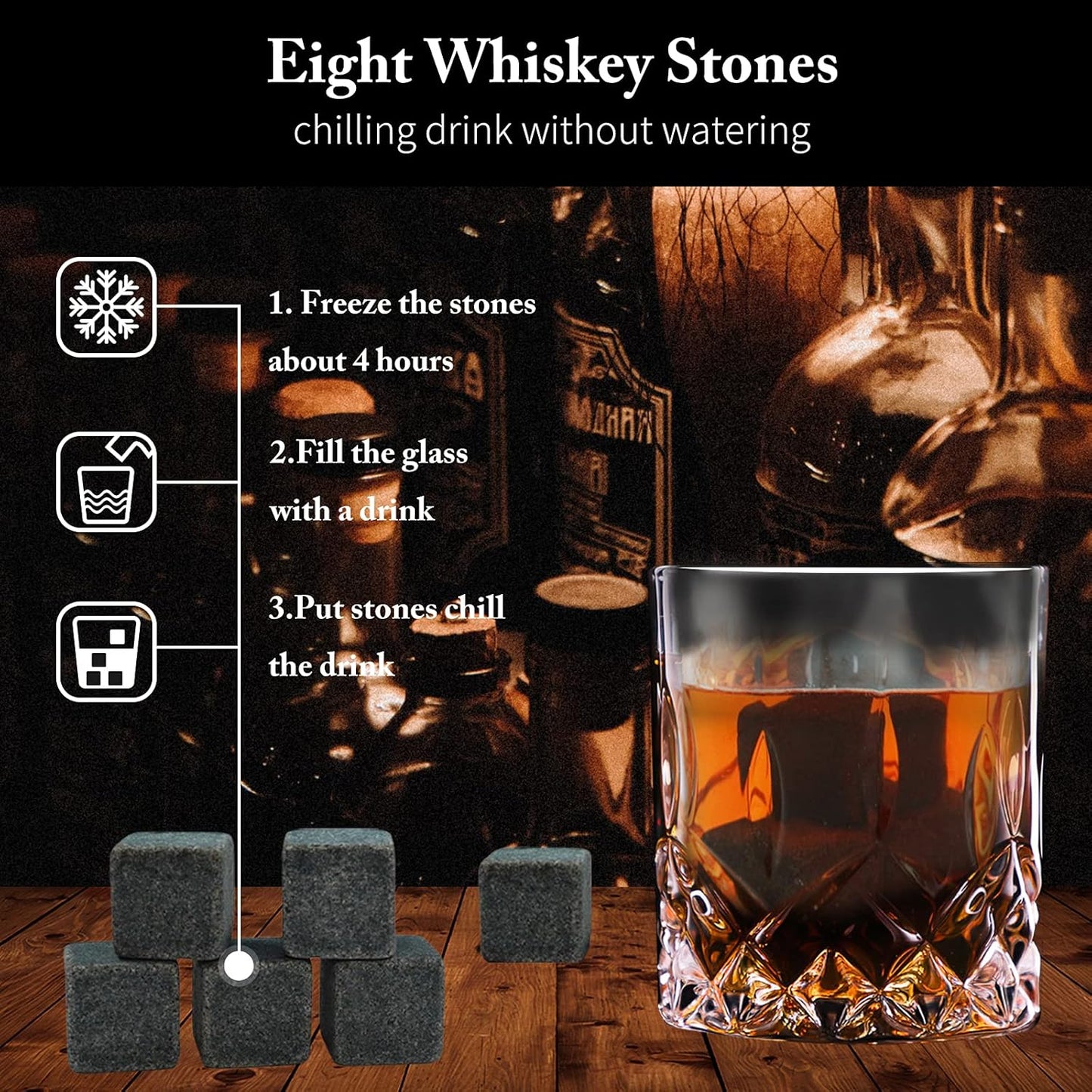 Whiskey Stones Gift Set,Whiskey Glasses Set 8 Granite Chilling Whisky Rocks, 2 Bourbon Glasses,Best Drinking Gifts for Men Dad Husband Birthday Anniversary Present，Plus 2 Free Coasters.