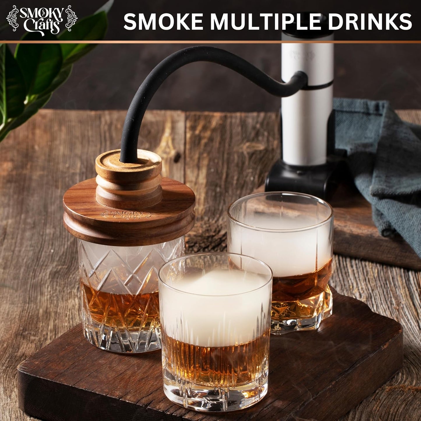 Smoky Crafts Whiskey Smoker Kit with Updated Smoke Gun, Acacia Wood Top and Wood Chips (Apple & Cherry) - Old Fashioned Smoker Kit