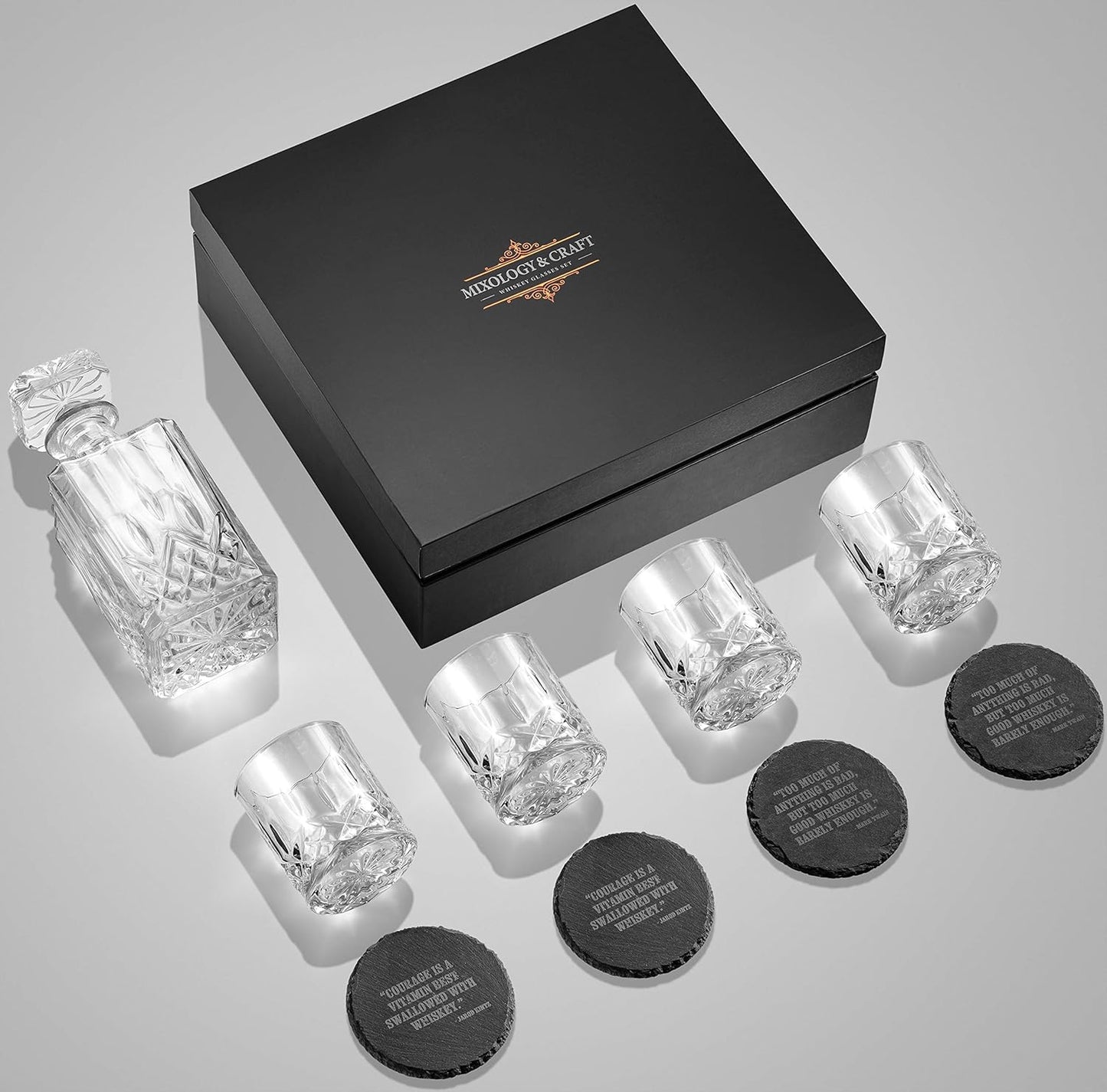 Mixology & Craft Luxury Whiskey Decanter Gift Set - 25oz Crystal Decanter, 4 Old-Fashioned Glasses, 4 Slate Coasters with Diamond Pattern Premium Black Gift Box