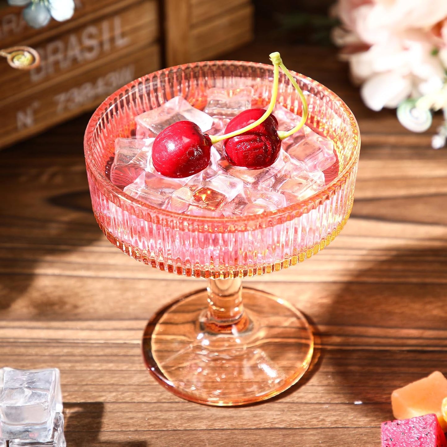 Teenyyou 8 Pcs Ribbed Vintage Coupe Glasses 7 oz Martini Glasses Champagne Coupe Classic Cocktail Glassware Reusable Ribbed Glassware for Cocktail Martini European Style (Champagne Pink)