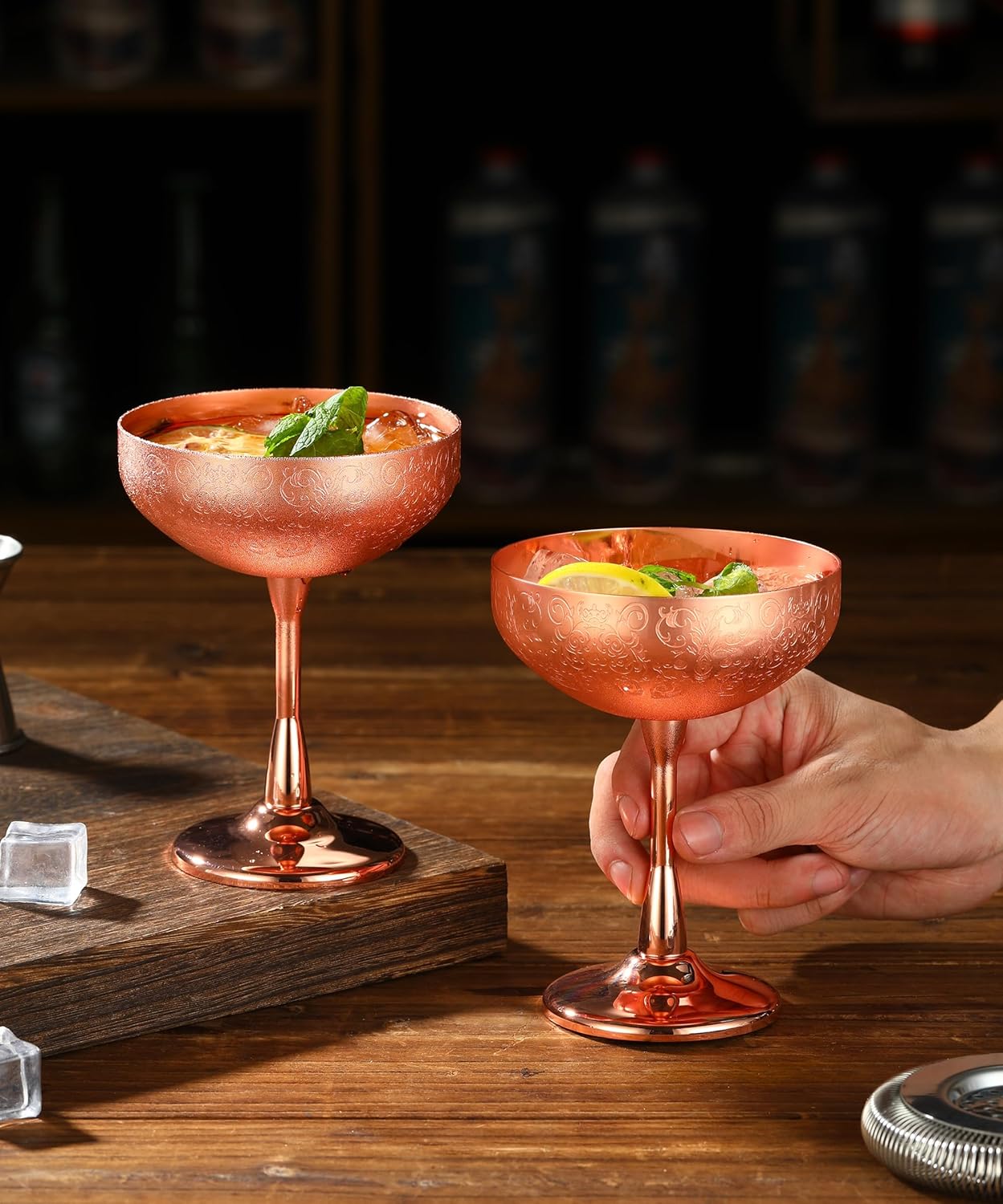 Stainless Steel Coupe Cocktail Glasses Set of 2, Unbreakable Cocktail Glasses for Margarita, Manhattan, Champagne Engraved Design (Copper Plated Set of 2)