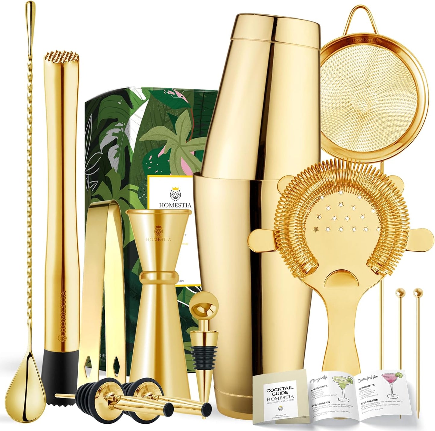 Homestia Cocktail Shaker Set, Bartending Kit: Weighted Boston Shaker Tin, Hawthorne Strainer, Jigger, Bar Spoon and Muddler, Professional Stainless Steel Bar Tool for Beginner (Gold)