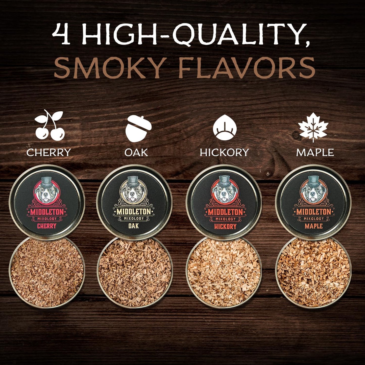 SmokeTop® 4 Pack of Wood Chips - Cocktail Smoker Chips for Old Fashioned Cocktails, Whiskey, & Bourbon - Made in The USA (Cherry, Hickory, Maple, Oak)