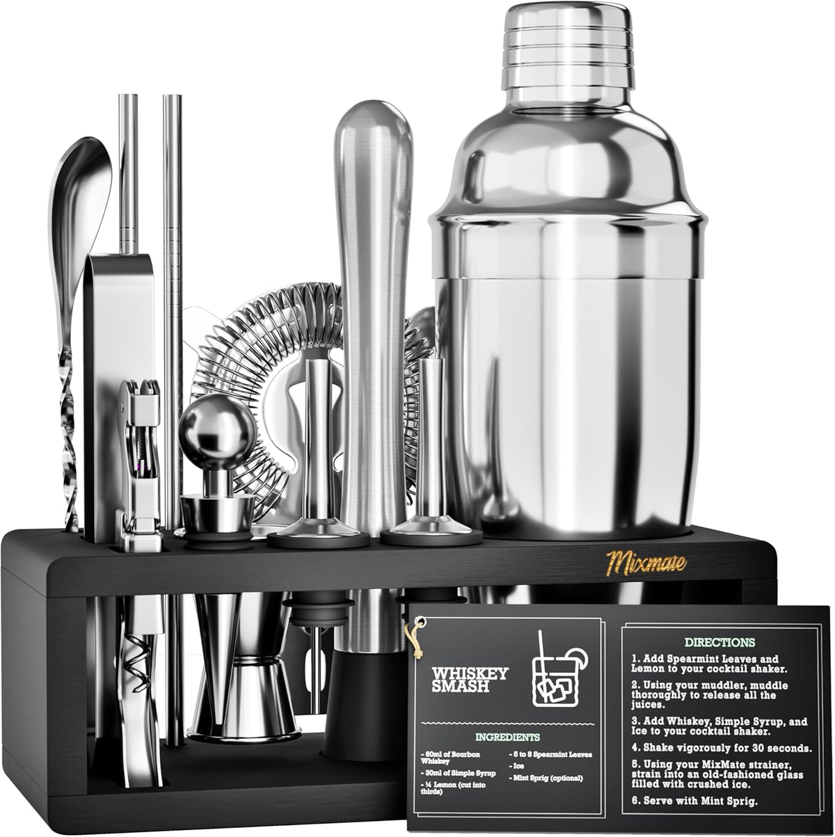 Mixology Bartender Kit with Stand - 15 Piece Bar Tool Set, Silver Bar Set Cocktail Shaker Set for Drink Mixing - Includes Martini Shaker, Jigger, Strainer, Bar Mixer Spoon, Tongs, Opener | Gift Idea - Silver/Black