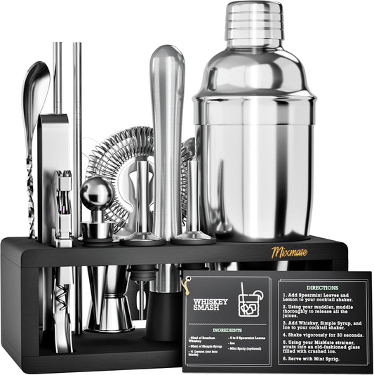 Mixology Bartender Kit with Stand - 15 Piece Bar Tool Set, Silver Bar Set Cocktail Shaker Set for Drink Mixing - Includes Martini Shaker, Jigger, Strainer, Bar Mixer Spoon, Tongs, Opener | Gift Idea - Silver/Black