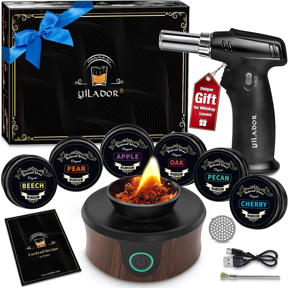 Electric Whiskey Smoker Kit with Torch, Unique Home Bar Gift for Whiskey Lover, 6 Wood Chips – Infuse Rich Smoky Flavors in Bourbon Old Fashioned & Cocktails, Birthday Gifts for Him, Dad(No Butane) - Black