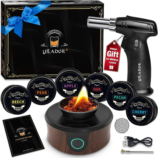 Electric Whiskey Smoker Kit with Torch, Unique Home Bar Gift for Whiskey Lover, 6 Wood Chips – Infuse Rich Smoky Flavors in Bourbon Old Fashioned & Cocktails, Birthday Gifts for Him, Dad(No Butane) - Black