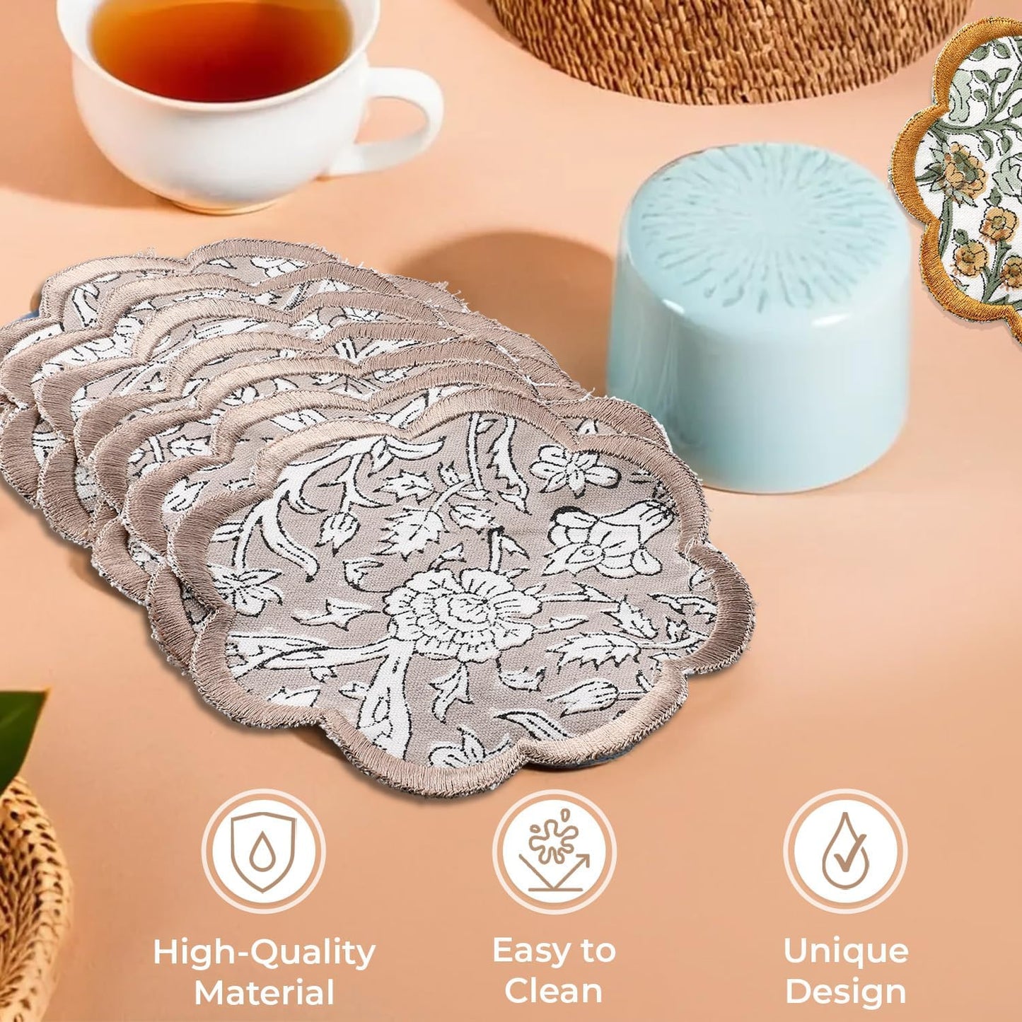 Ridhi Hand Block Print 8- pcs Canvas Cotton Drink Absorbent Stylish Embroidery Scallop Coaster Set Boho Modern Home Decor and Wooden Table Protection 5 inch Taupe