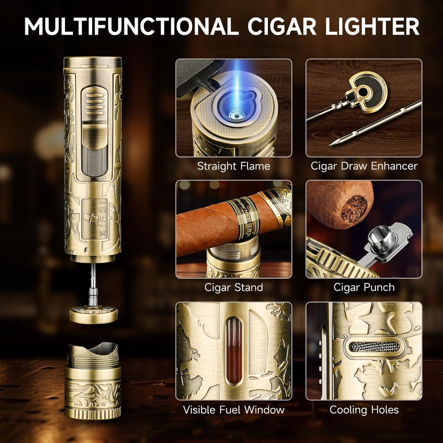 XIFEI Torch Lighter, 4-in-1 Cigar Lighter with Jet Flame, Punch, Holder, Draw Enhancer, Windproof Refillable Butane Lighters, Multi-Functional Cigar Accessories Gift for Men (Bronze)