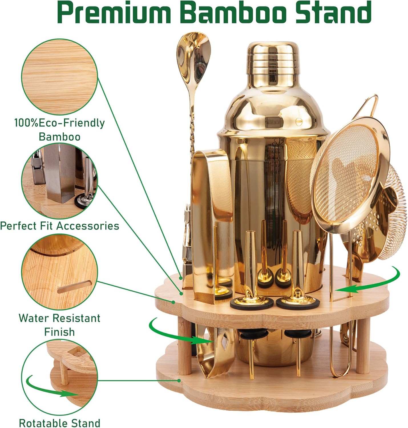 Cocktail Shaker Set Bartender Kit with Rotatble Bamboo Stand,11 Piece Bar Set Stainless Steel Bar Accessories for Drink Mixing, Bar, Home, Party (Gold)