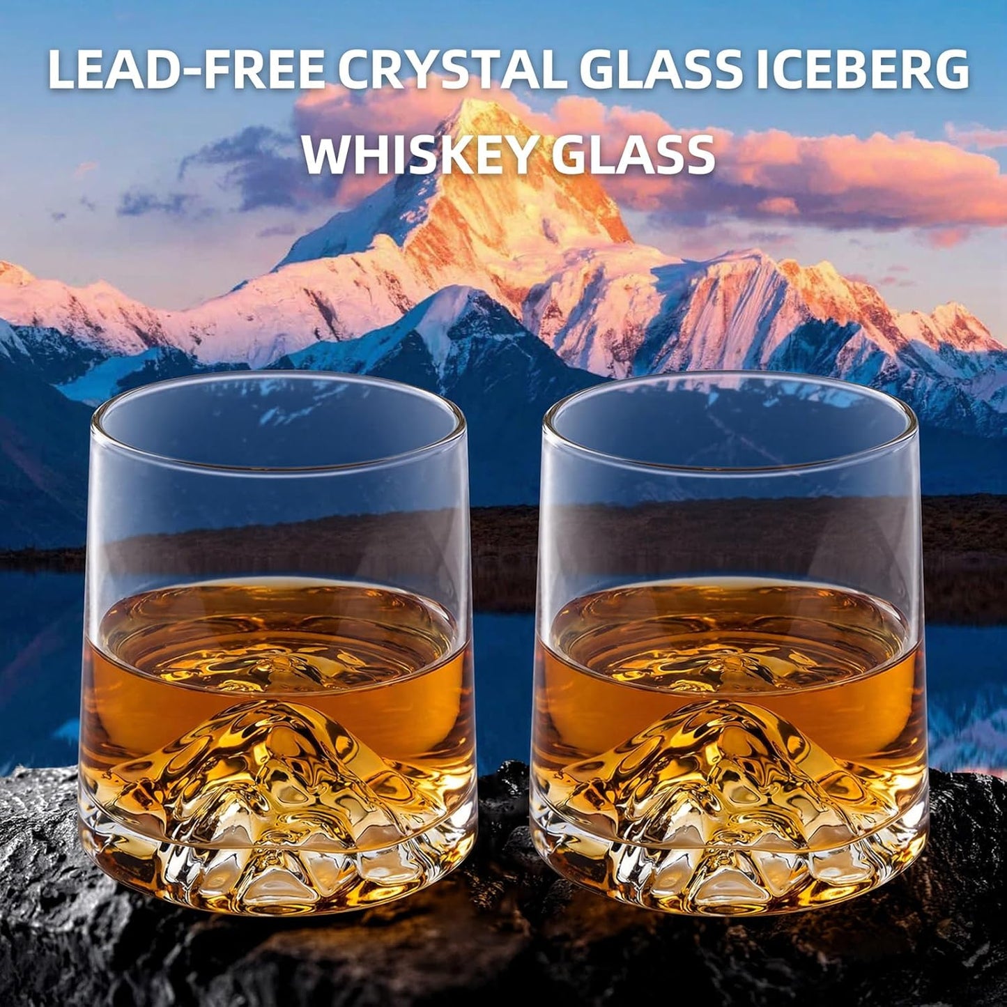 Stemless Wine Glasses Set of 4,8.5 oz Mountain Crystal Whiskey Glasses Gift for Birthday,Christmas, Wedding,Thanksgiving,Dad or Boyfriend on Father's Day