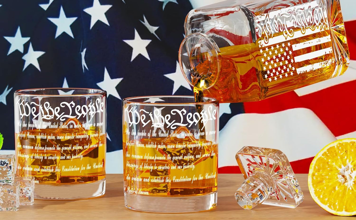 Whiskey Decanter Engraved We The People American Flag Decanter Set with 2 Glasses for Liquor Scotch Bourbon or Wine, Father's Day Patriotic Gift, 250 Anniversary Whiskey Bottle