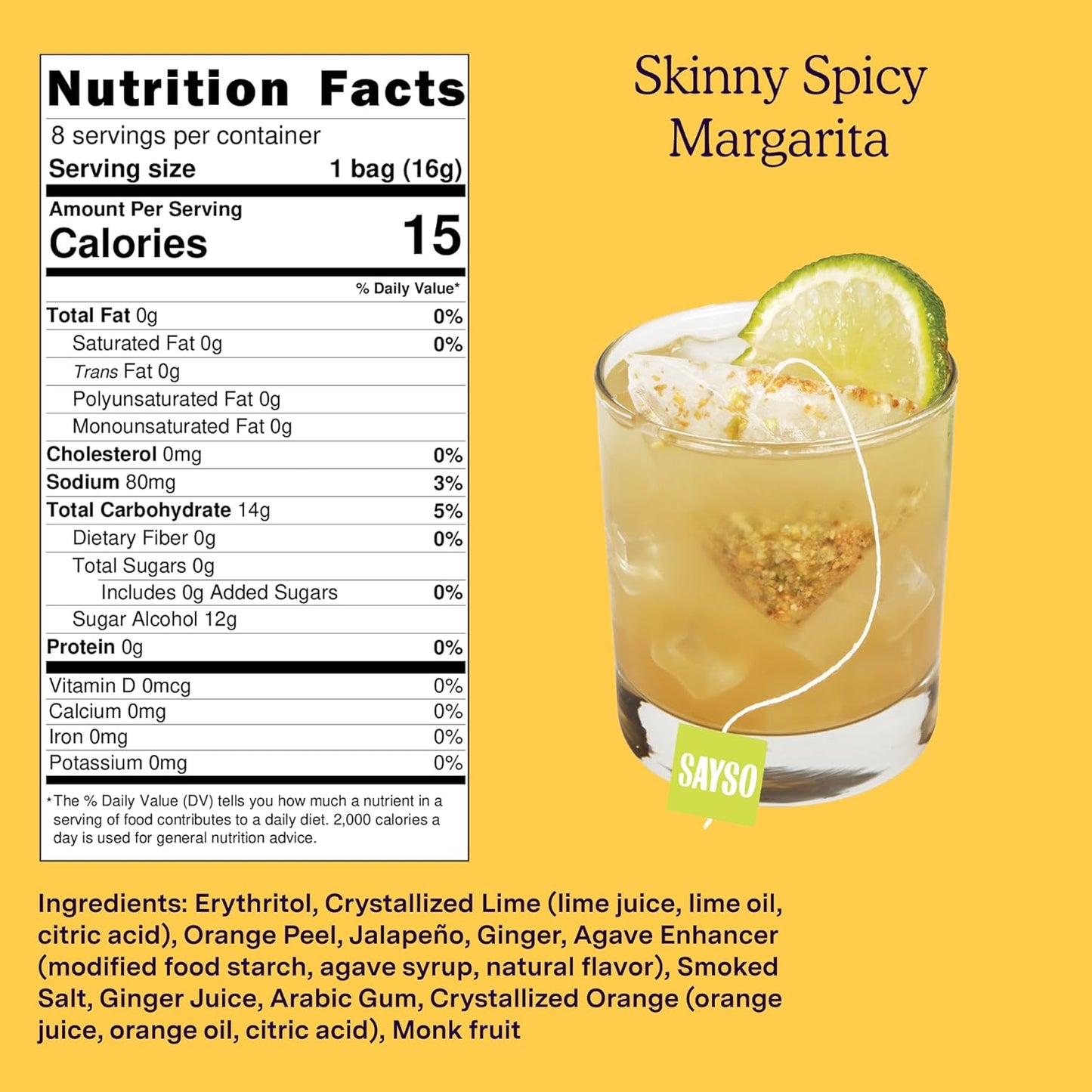 SAYSO Skinny Spicy Margarita Original Cocktail Tea Bag | Cocktail or Mocktail in Under 1 Min Without Hot Water, 0G Sugar, 15 Calories, Non-GMO, Gluten-free, Kosher & Vegan Mixer, 8 count