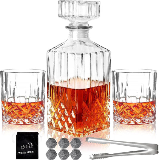 Whiskey Decanter Set for Men, 2pcs Whiskey Glass Cups and 1pcs Glass Decanter with Cooling Stones Clear Whisky Liquor Bottle for Whiskey Bourbon Rum Men Fathers'Gift