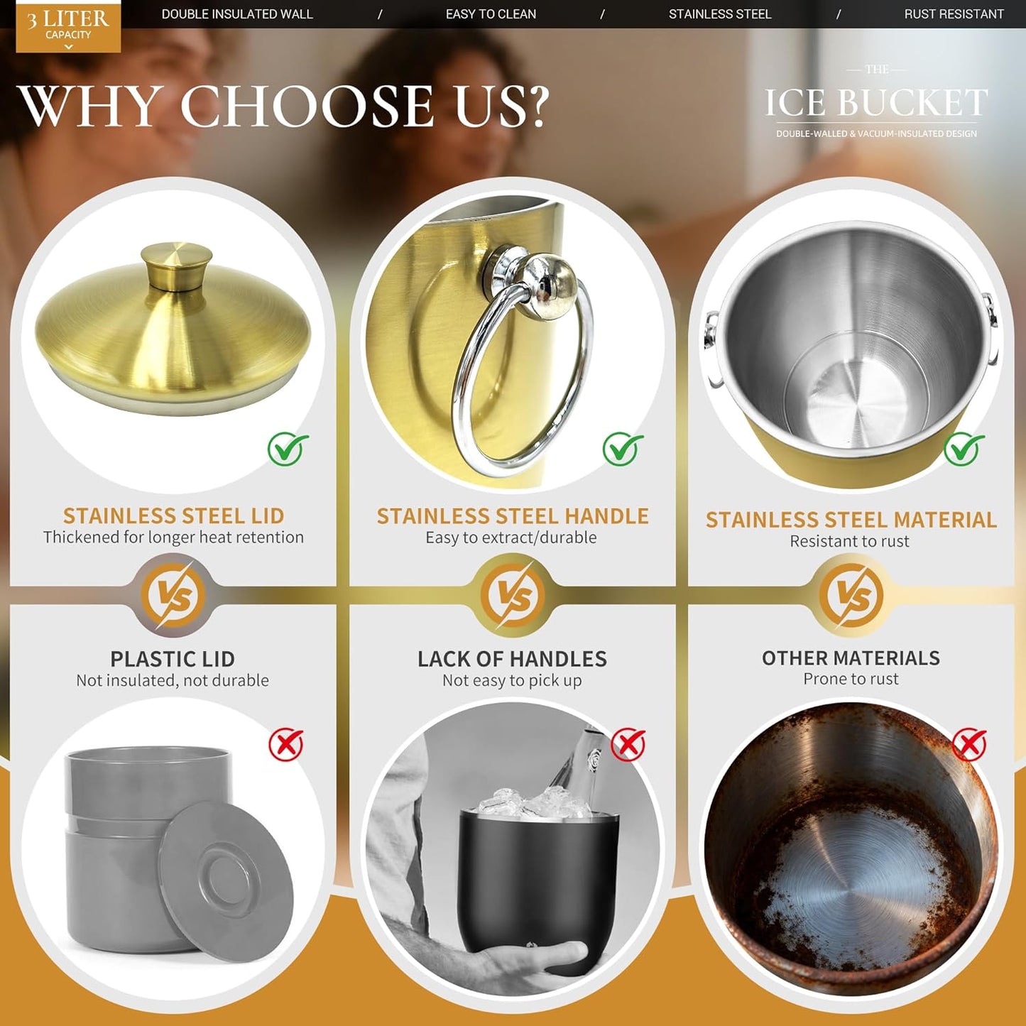 Ice Buckets for Parties with Lid,Tongs and Strainer (3L/Gold) Double Wall Stainless Steel Ice Bucket Keeps Frozen Longer,Ideal Perfect for Parties, Cocktail bar, Chilling Wine, Champagne