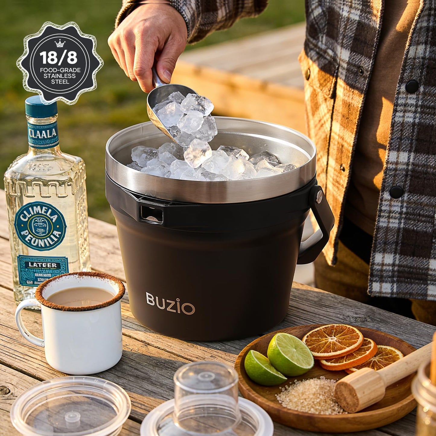 BUZIO 7.4 Qt/7 L Insulated Ice Bucket with Lid and Scoop & Tongs for Parties, Double Wall Vacuum Stainless Steel, Holds 6 Longnecks or 3 Wine Bottles, Large Beverage Bucket for Cocktail Bar, Black