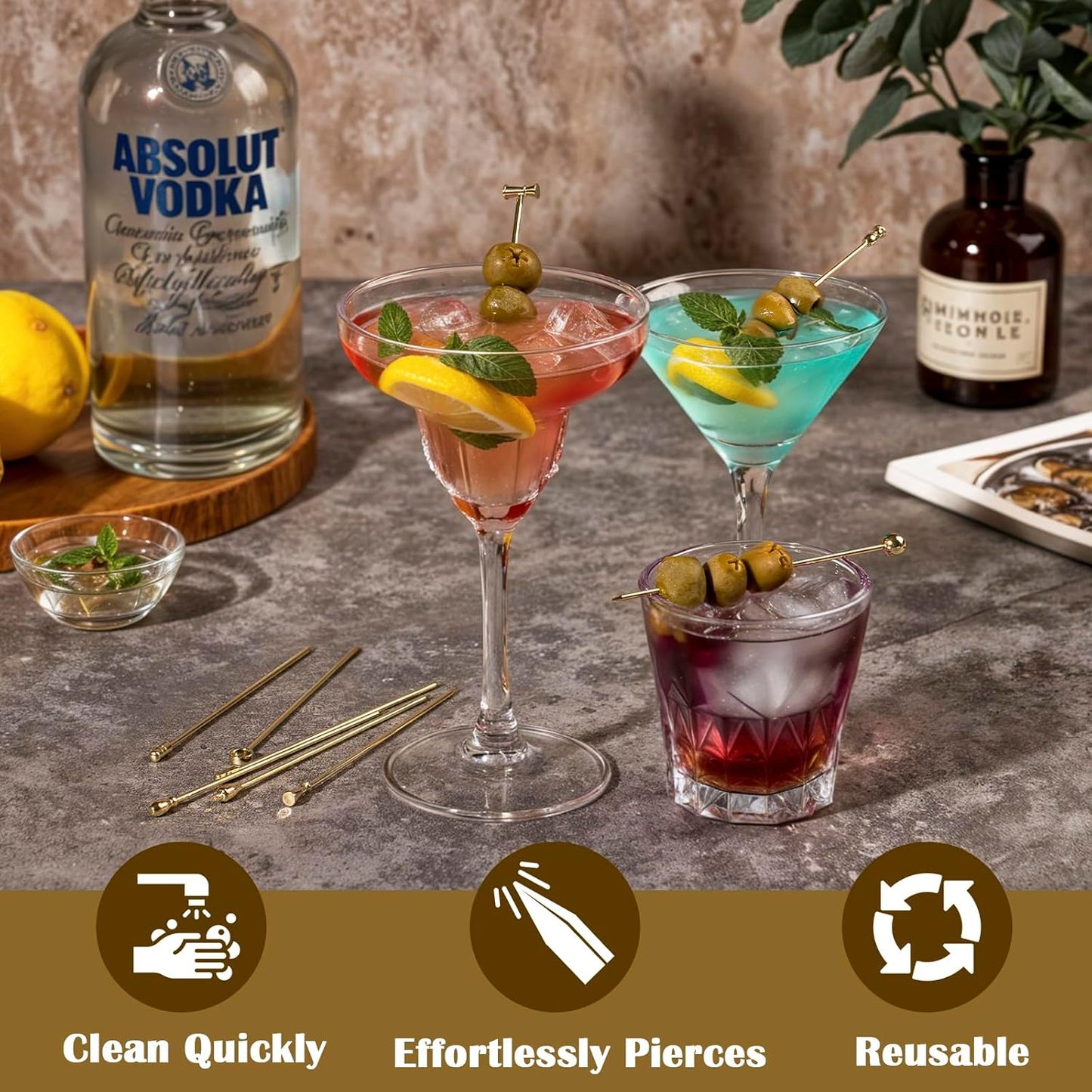 Metal Martini Cocktail Picks Gold, Skewers for Olive 4.2 in to 4.38 in, Stainless Steel Drinks Garnish Sticks, Reusable Toothpicks for Appetizers, Gift for Mother, Home Bar Accessories - 9 Pcs