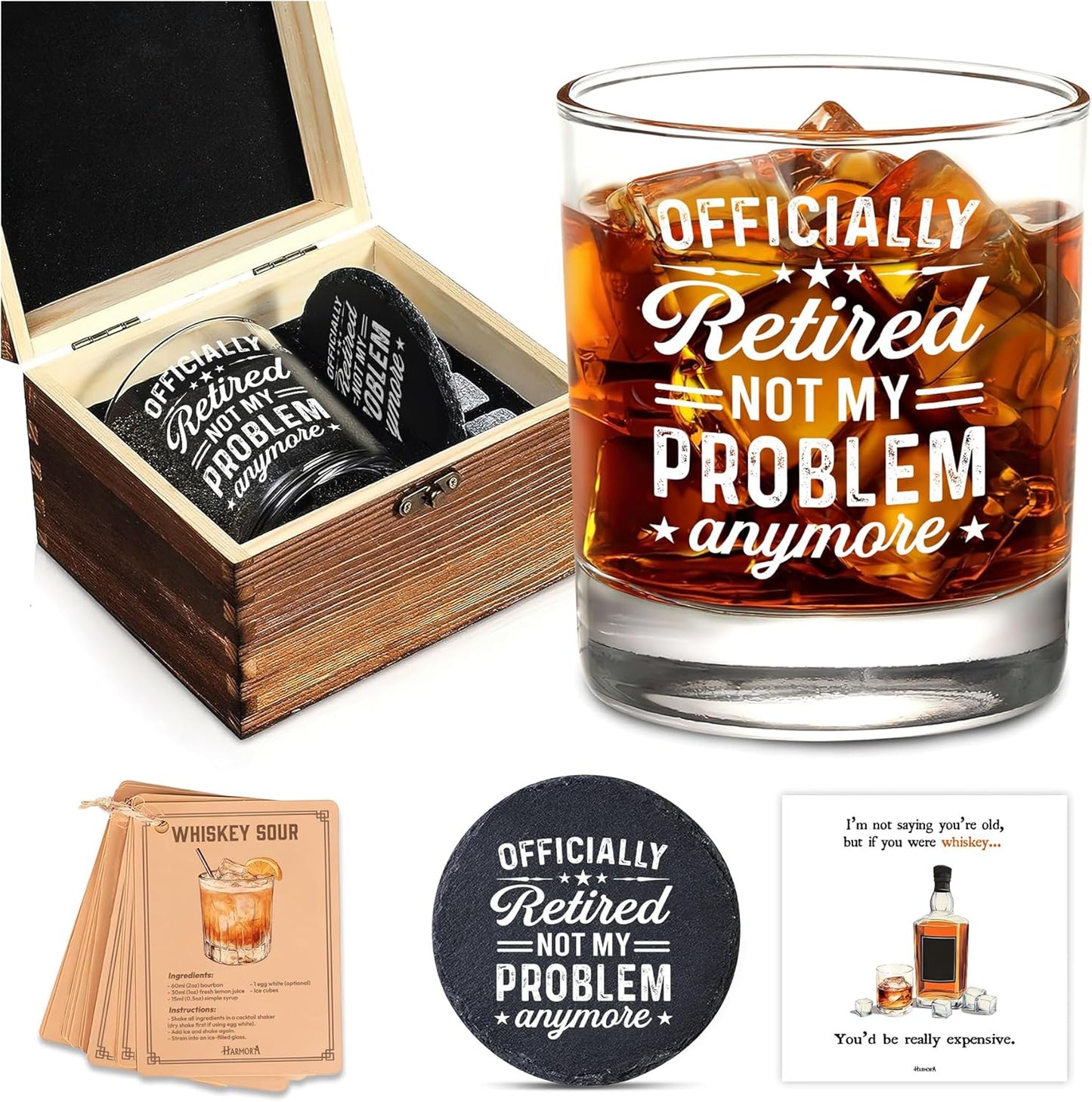 Retirement Gifts for Men Whiskey Glass Set - Retired 2026 - Retirement Party Decorations, Supplies - Gifts Ideas for Him, Dad, Husband, Friends - Wooden Box, Coaster, Recipe Cards & card